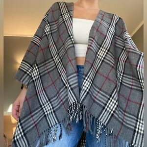 Covington Black, White, & Red Plaid Poncho/Shrug with Fringe Detail